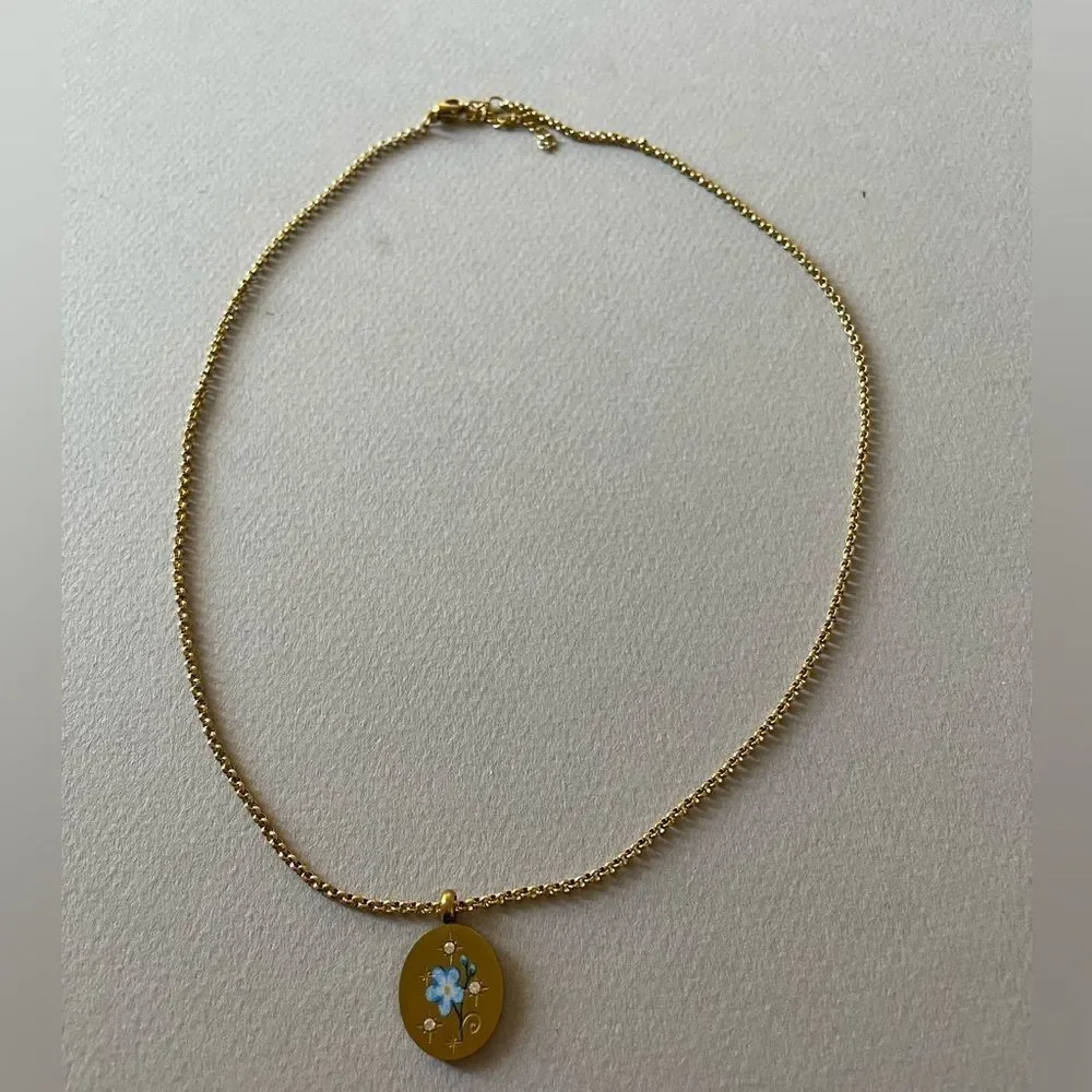 Gold blue flower Oval Pendant Necklace N1304